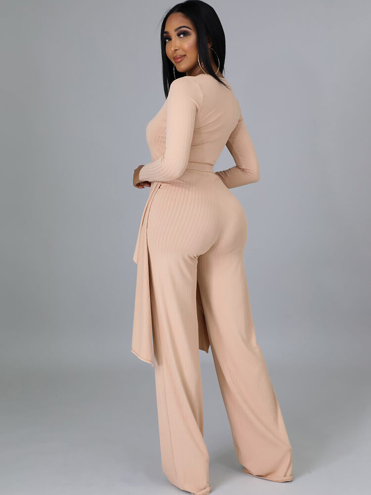 Two Pieces Irregular Lace Up V Neck Top Long Pants