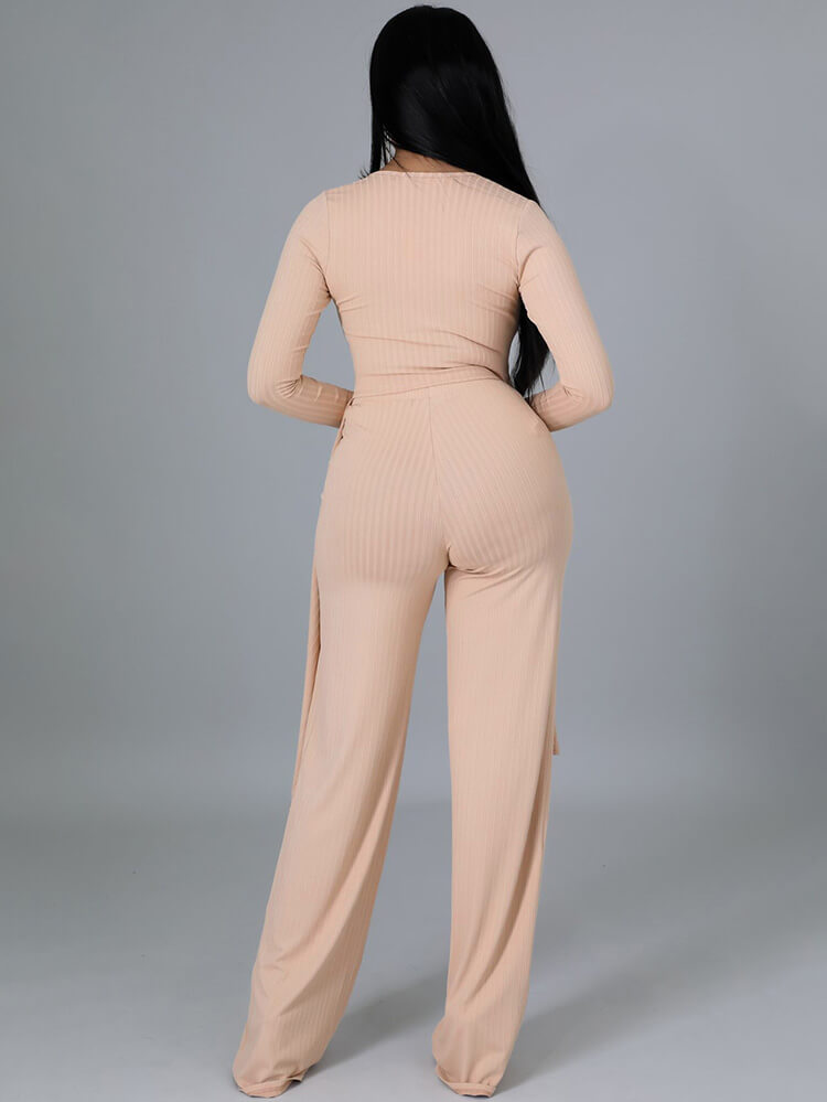 Two Pieces Irregular Lace Up V Neck Top Long Pants