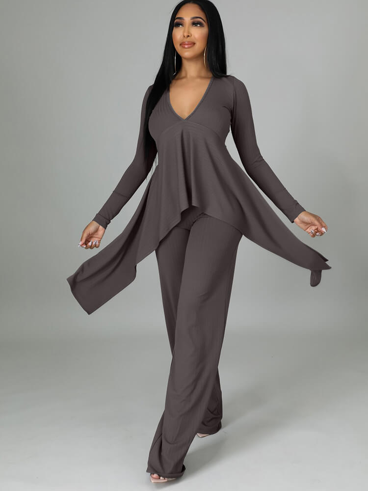 Two Pieces Irregular Lace Up V Neck Top Long Pants