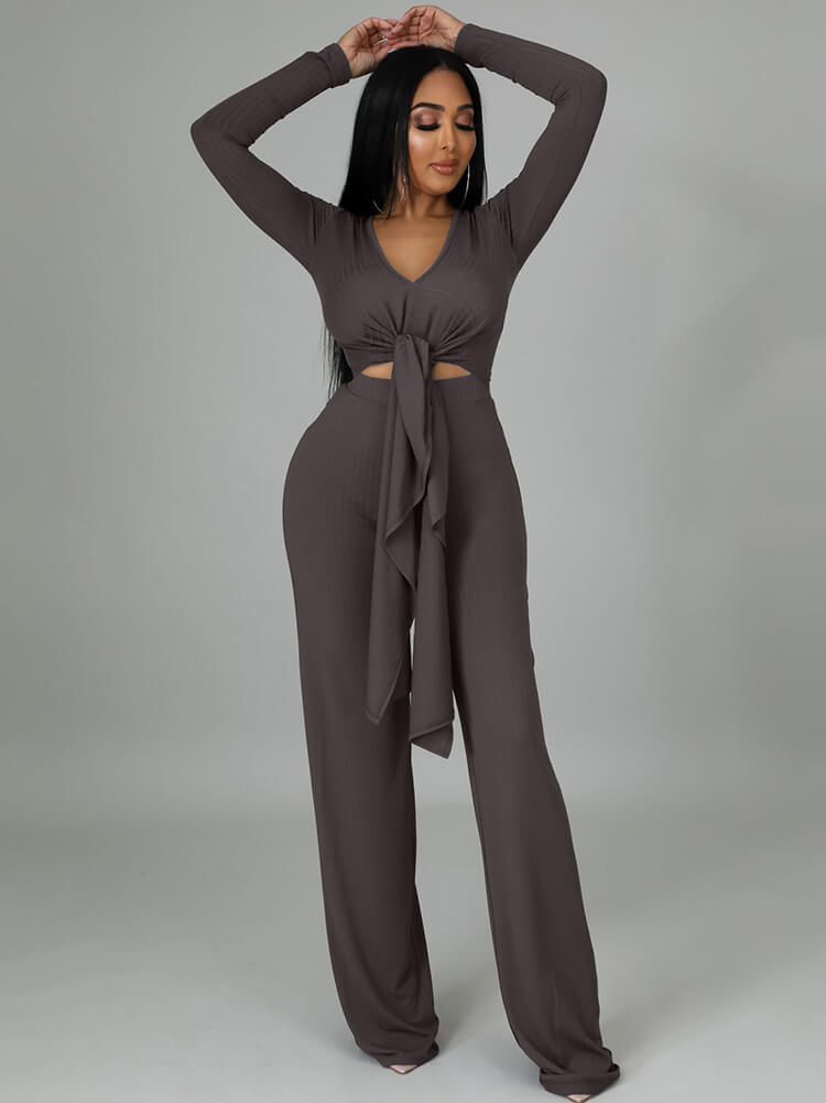 Two Pieces Irregular Lace Up V Neck Top Long Pants