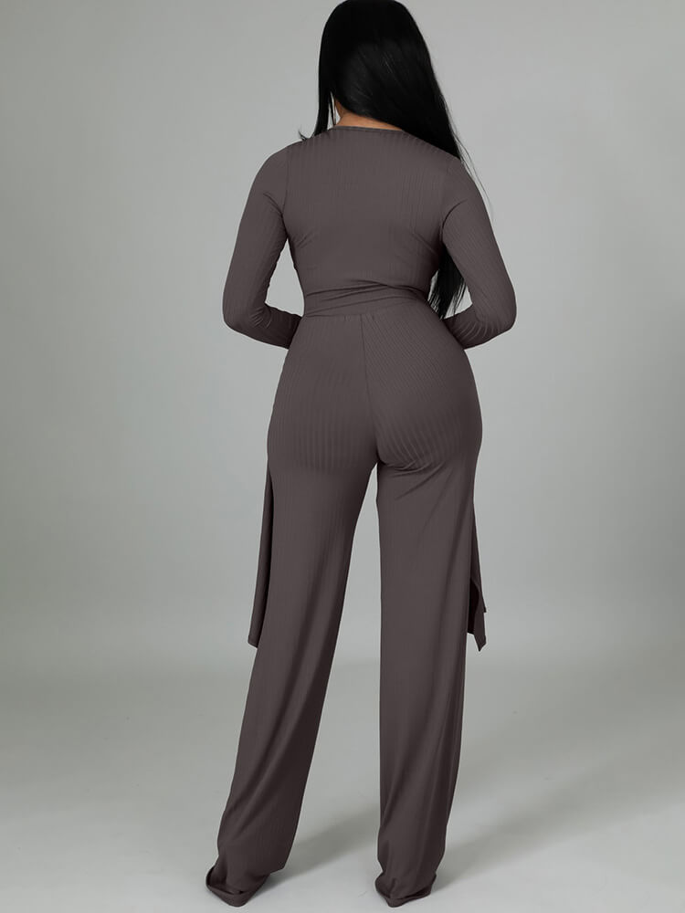 Two Pieces Irregular Lace Up V Neck Top Long Pants