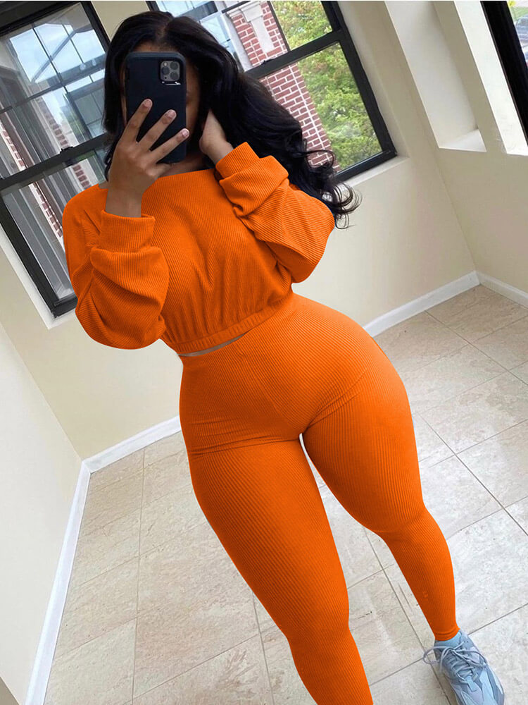 Two Pieces Ribbed Knit Top Skinny Pants