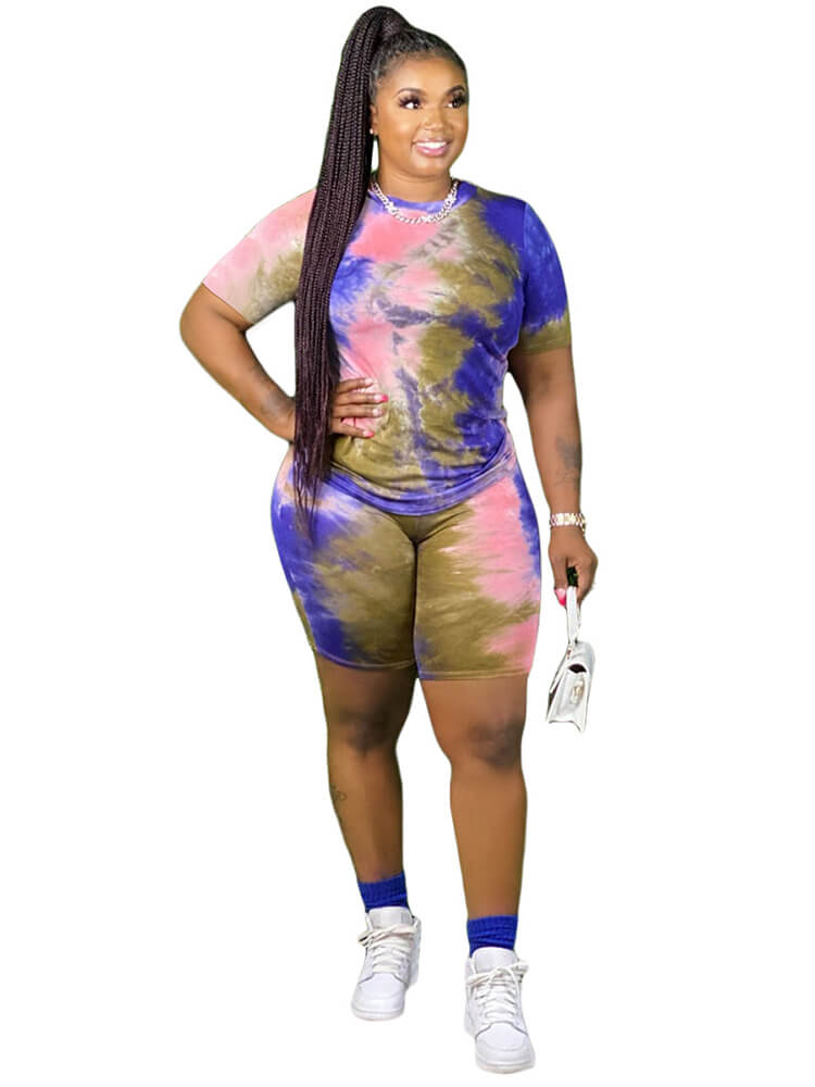 Plus Size 2 Piece Tie Dyed Top Bodycon shorts Set