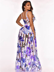 Elegant Sheer Mesh Patchwork Floral Print Beach Dress