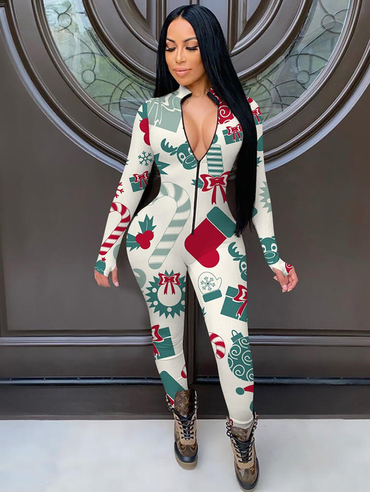 Christmas Print Zip-up Long Sleeve Jumpsuit