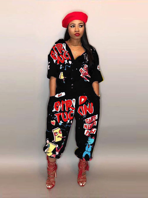 Cartoon Letter Print Button Loose Jumpsuit