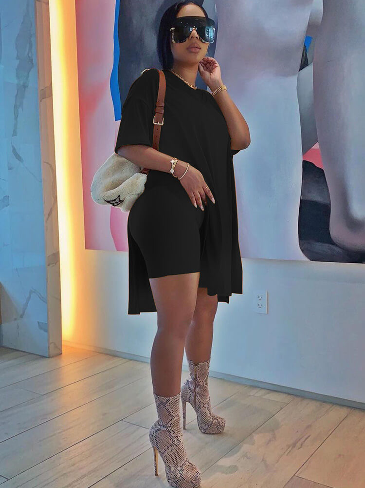 Two Piece V Neck Short Sleeve Top Bodycon Shorts