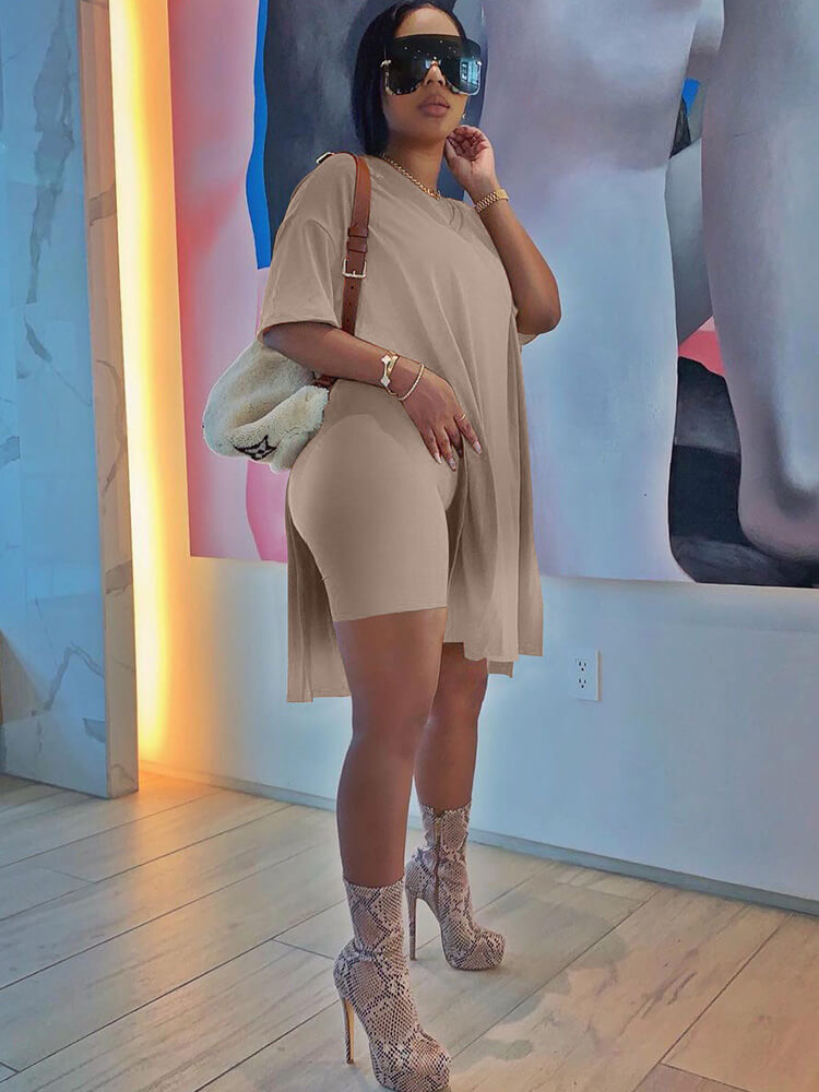 Two Piece V Neck Short Sleeve Top Bodycon Shorts