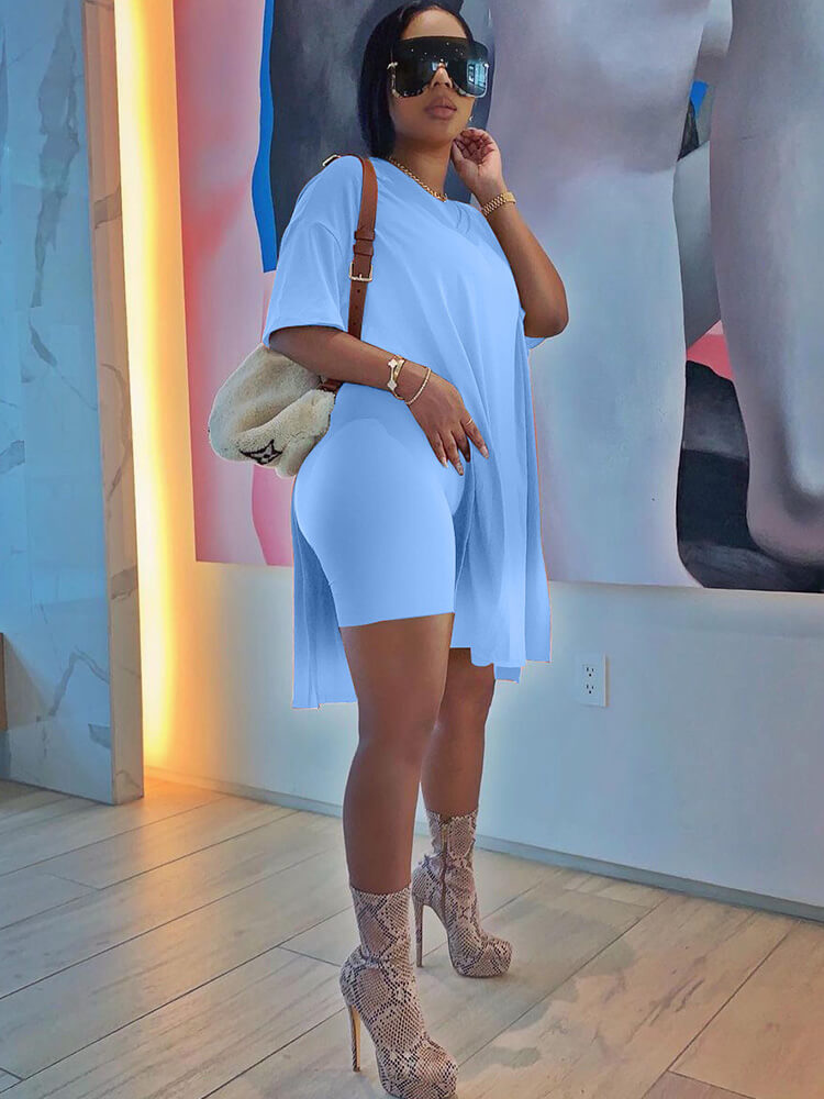 Two Piece V Neck Short Sleeve Top Bodycon Shorts