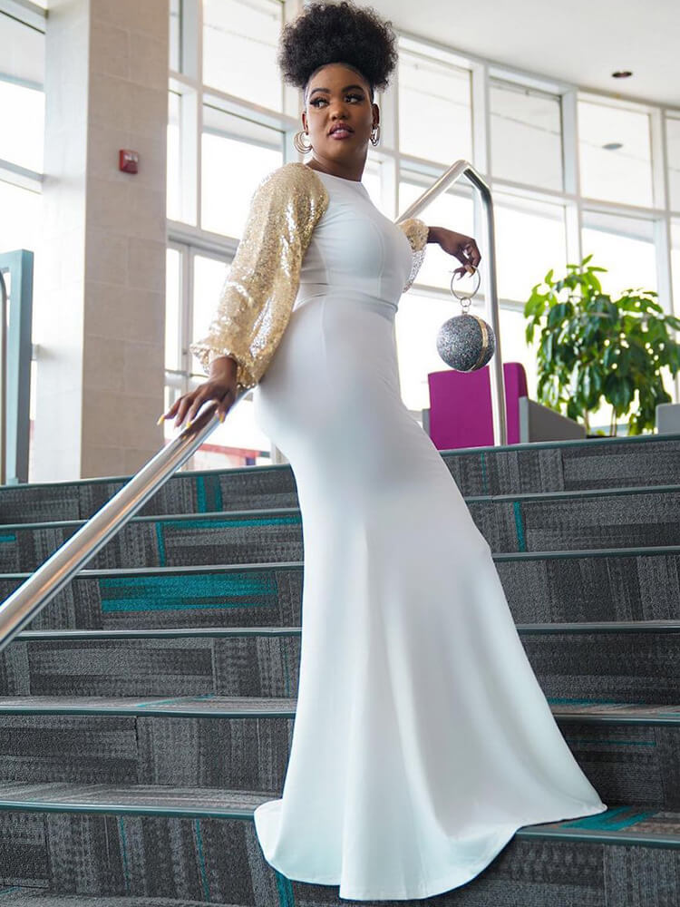 Solid Color Glitter Long Puff Sleeve Fishtail Maxi Dress