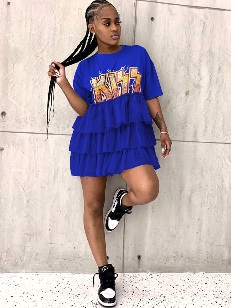 Letter Print Patchwork Tiered Layer Mesh T-shirt Dress