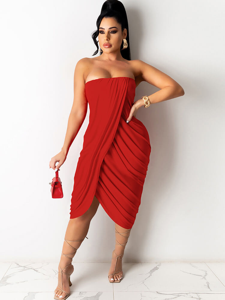 Asymmetrical Ruched Sleeveless Strapless Midi Dress