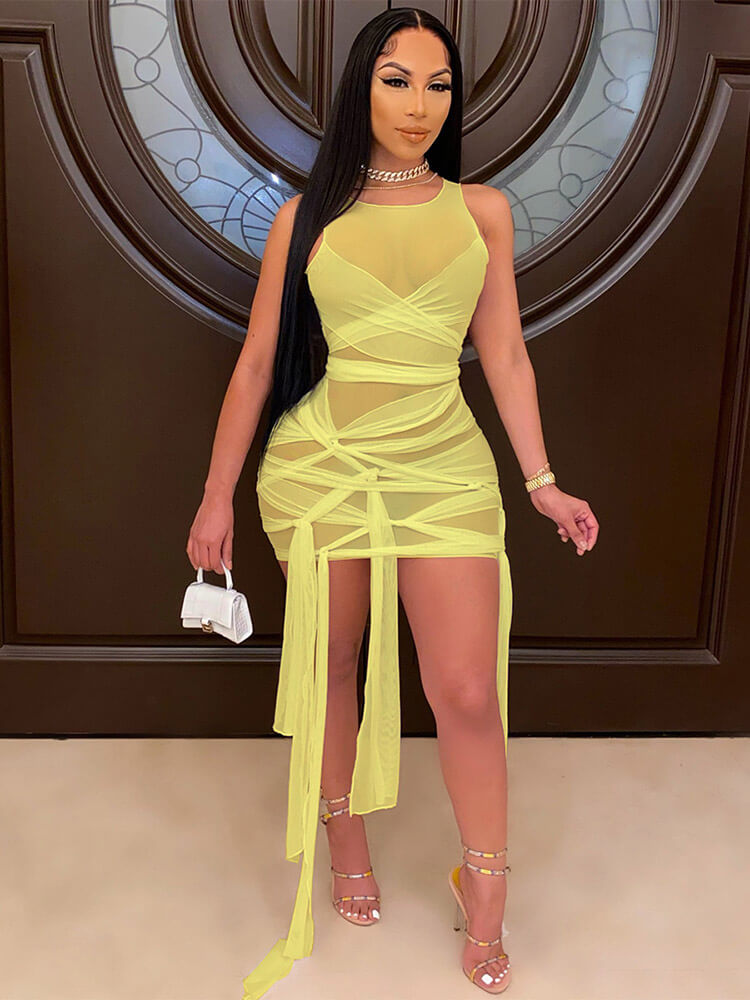 Sheer Mesh Sleeveless Bodycon Mini Dress
