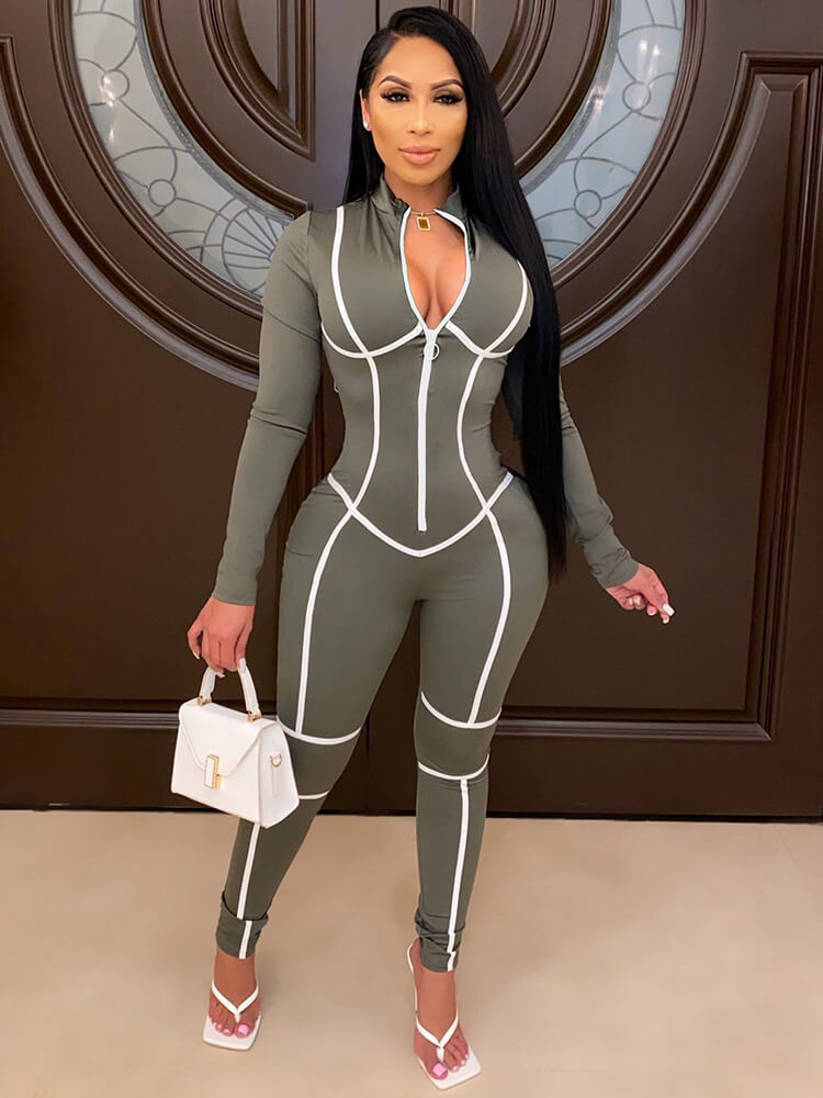 One Piece Long Sleeve Zipper Bodycon Jumpsuit