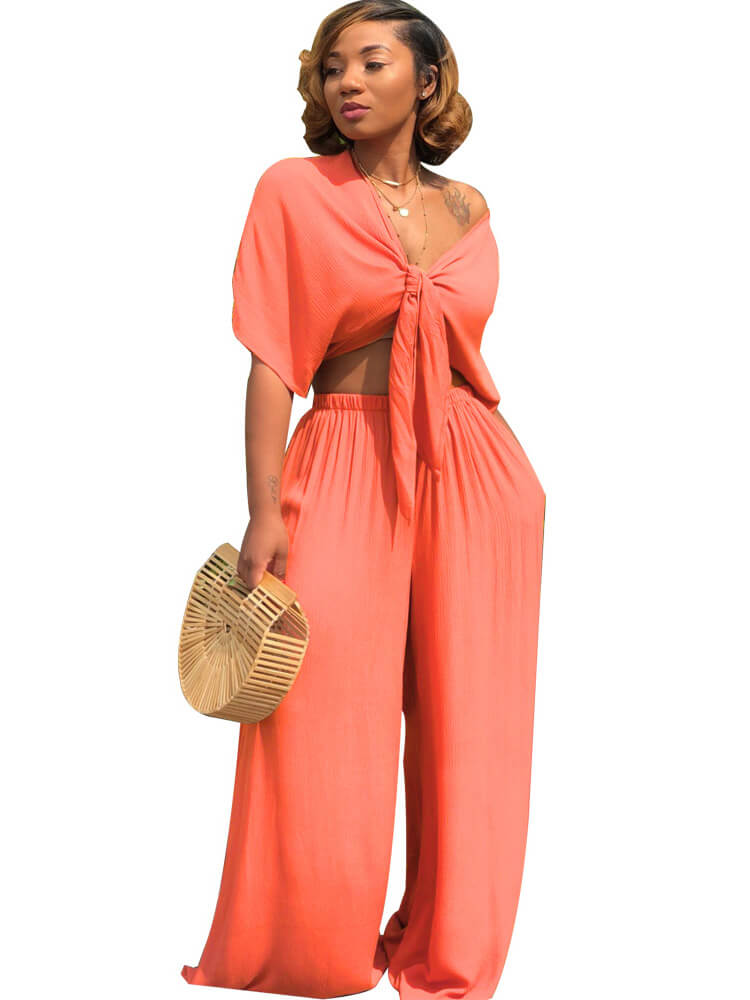 Two Piece Bowknot Tie Front Crop Top Wide Leg Pant Set