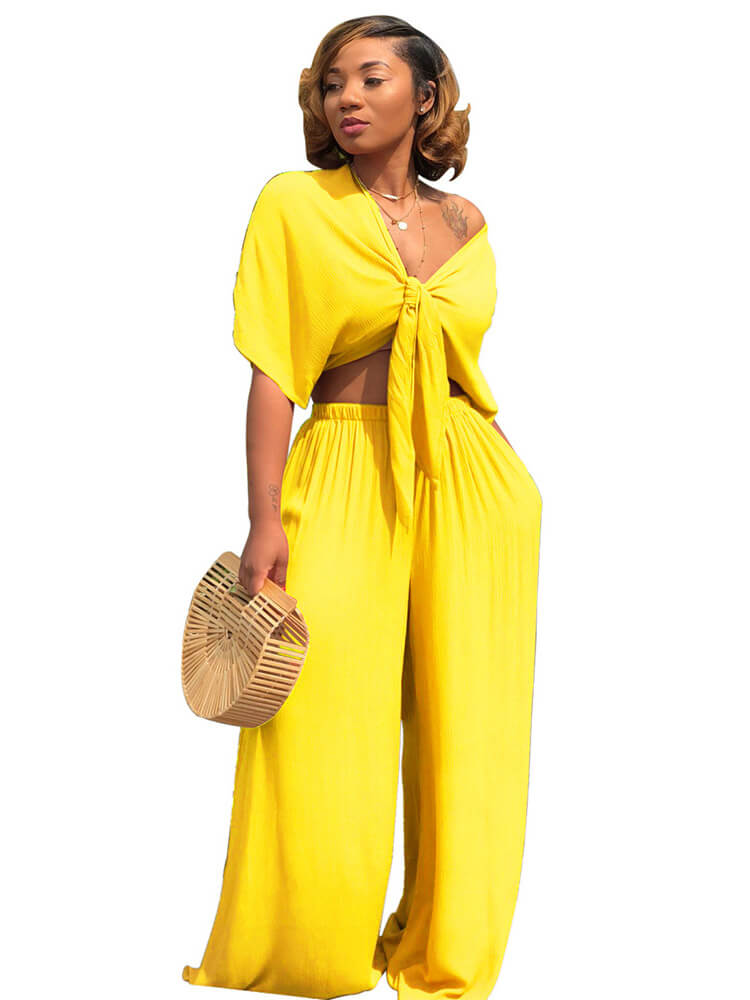 Two Piece Bowknot Tie Front Crop Top Wide Leg Pant Set