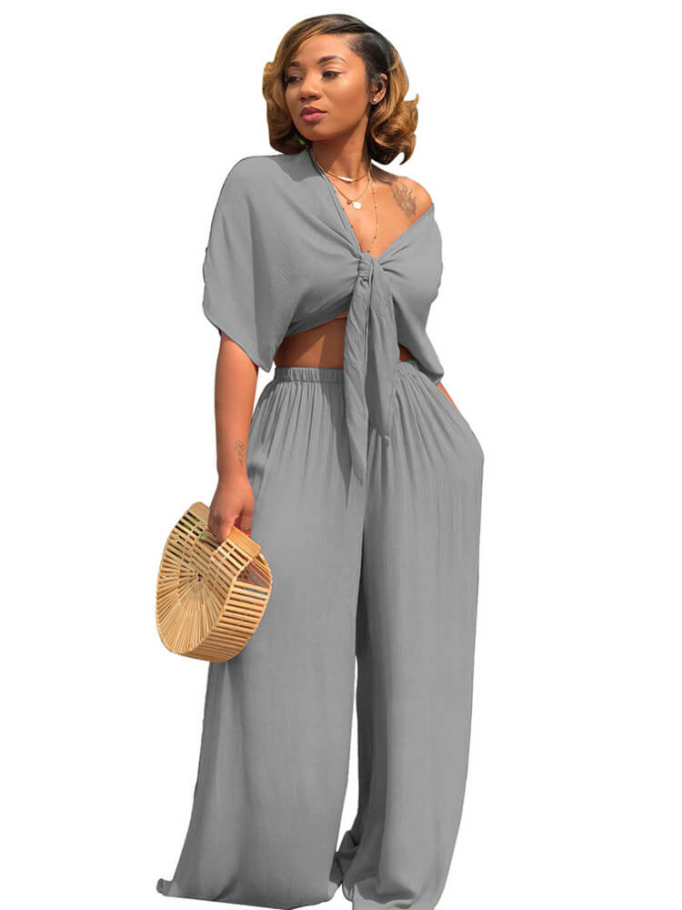 Two Piece Bowknot Tie Front Crop Top Wide Leg Pant Set