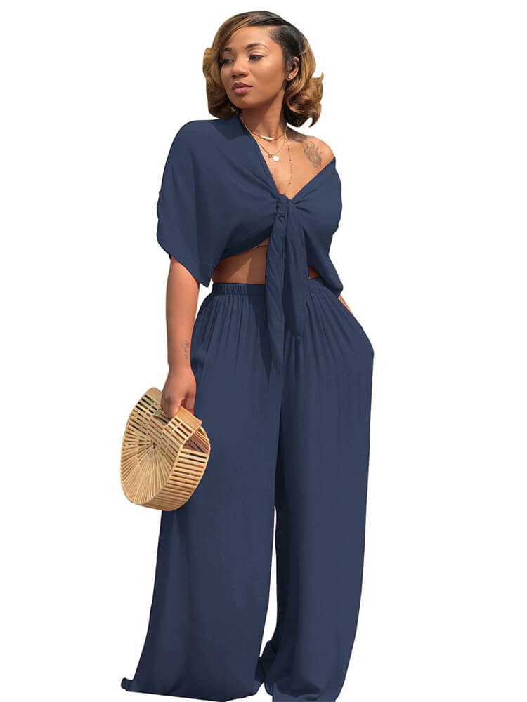 Two Piece Bowknot Tie Front Crop Top Wide Leg Pant Set