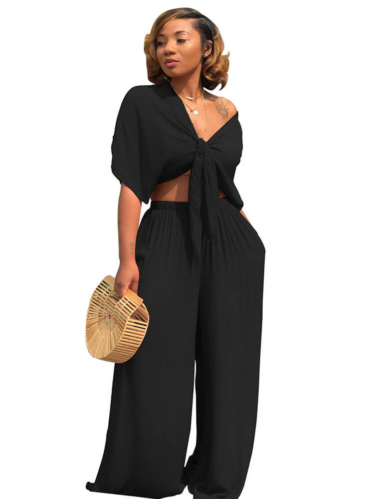 Two Piece Bowknot Tie Front Crop Top Wide Leg Pant Set