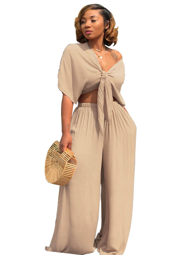 Two Piece Bowknot Tie Front Crop Top Wide Leg Pant Set