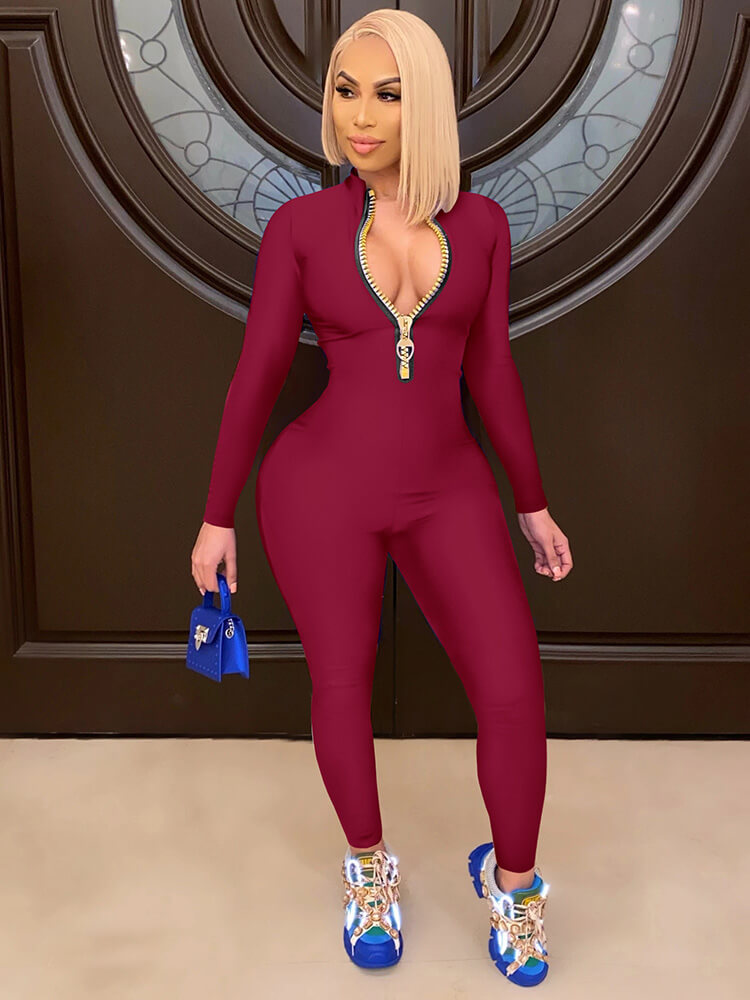 One Piece Front Zipper Solid Color Bodycon Jumpsuit