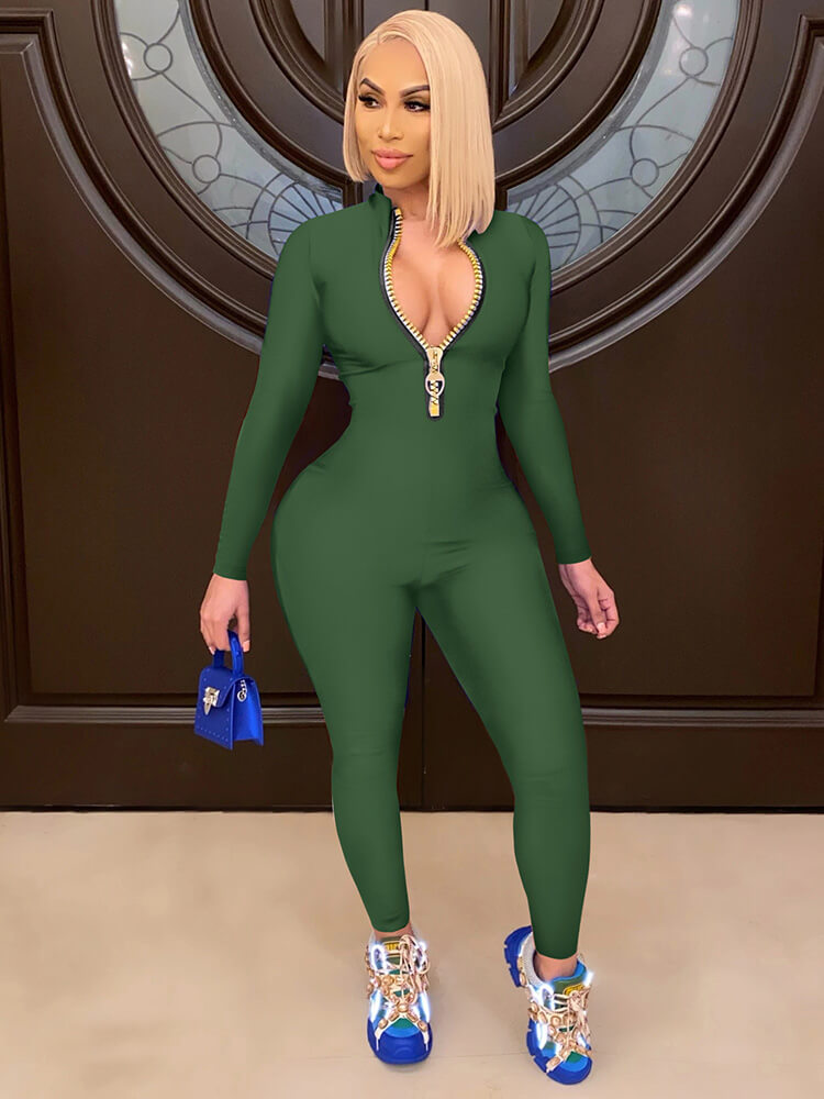 One Piece Front Zipper Solid Color Bodycon Jumpsuit