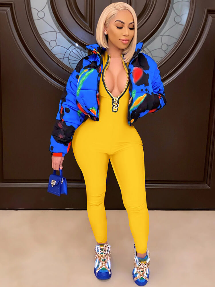 One Piece Front Zipper Solid Color Bodycon Jumpsuit