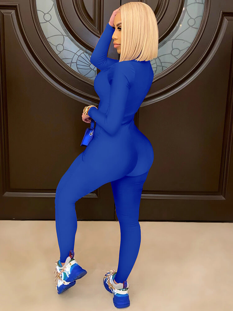 One Piece Front Zipper Solid Color Bodycon Jumpsuit