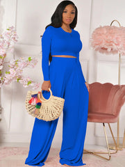 Two Piece Long Sleeve Crop Top Wide Leg Pants