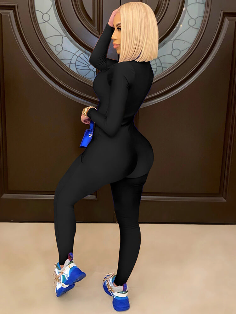 One Piece Front Zipper Solid Color Bodycon Jumpsuit