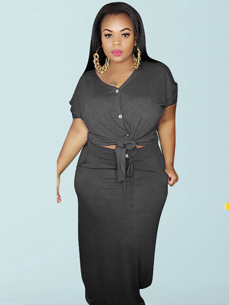 Plus Size 2 Piece Button Twist Knot Top Pocket Skirt Set