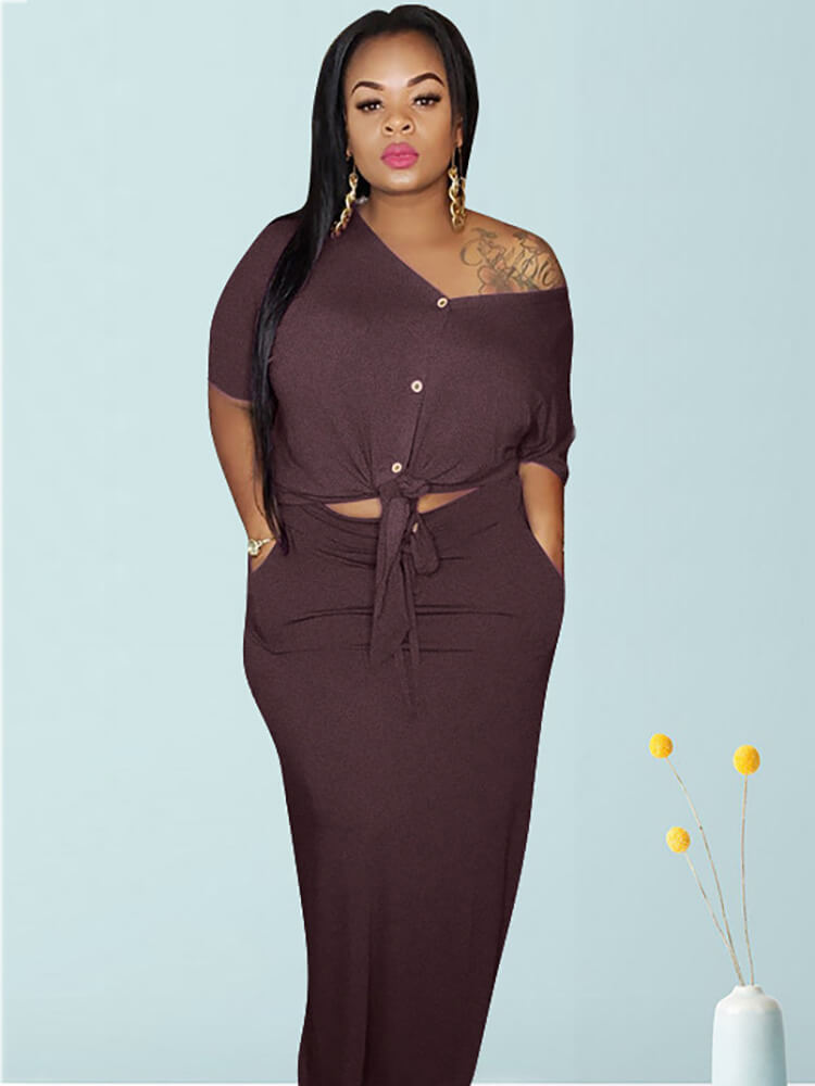 Plus Size 2 Piece Button Twist Knot Top Pocket Skirt Set