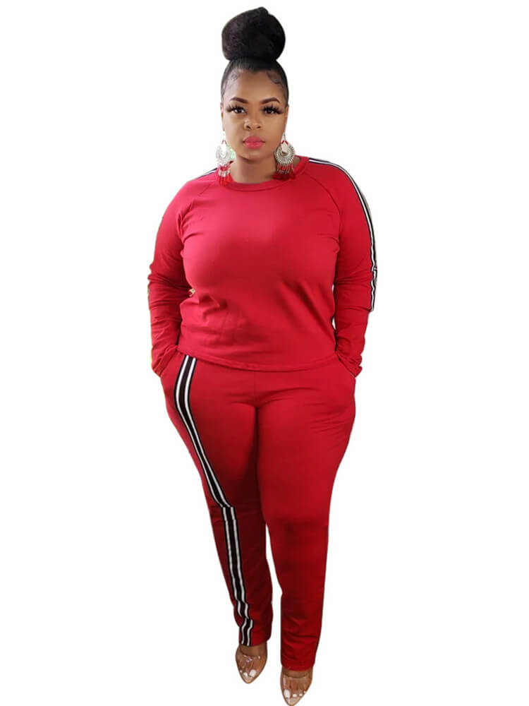 Plus Size Two Piece Stripe Long Sleeve Top Pants Set