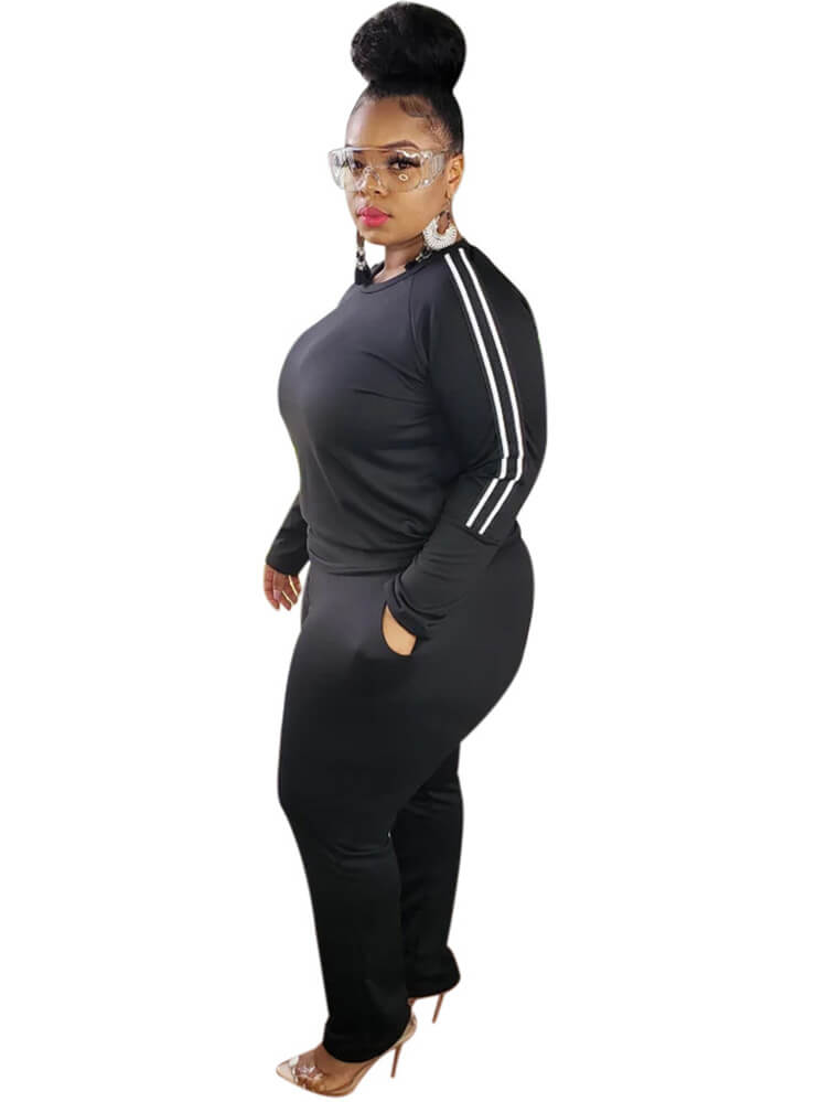 Plus Size Two Piece Stripe Long Sleeve Top Pants Set