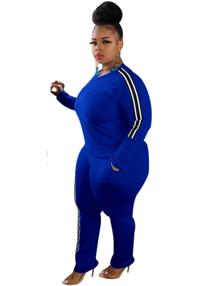 Plus Size Two Piece Stripe Long Sleeve Top Pants Set