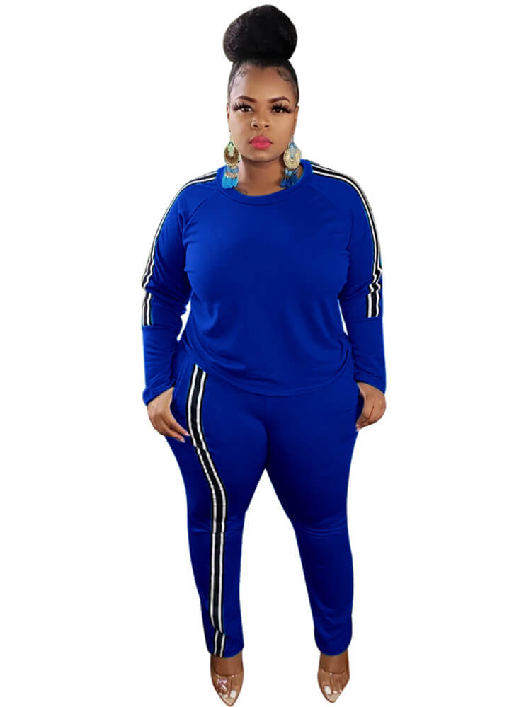 Plus Size Two Piece Stripe Long Sleeve Top Pants Set