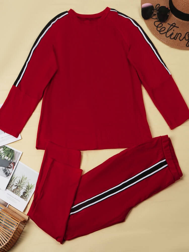 Plus Size Two Piece Stripe Long Sleeve Top Pants Set