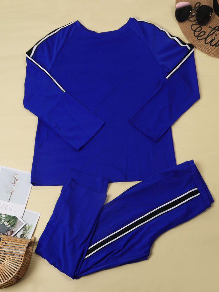 Plus Size Two Piece Stripe Long Sleeve Top Pants Set