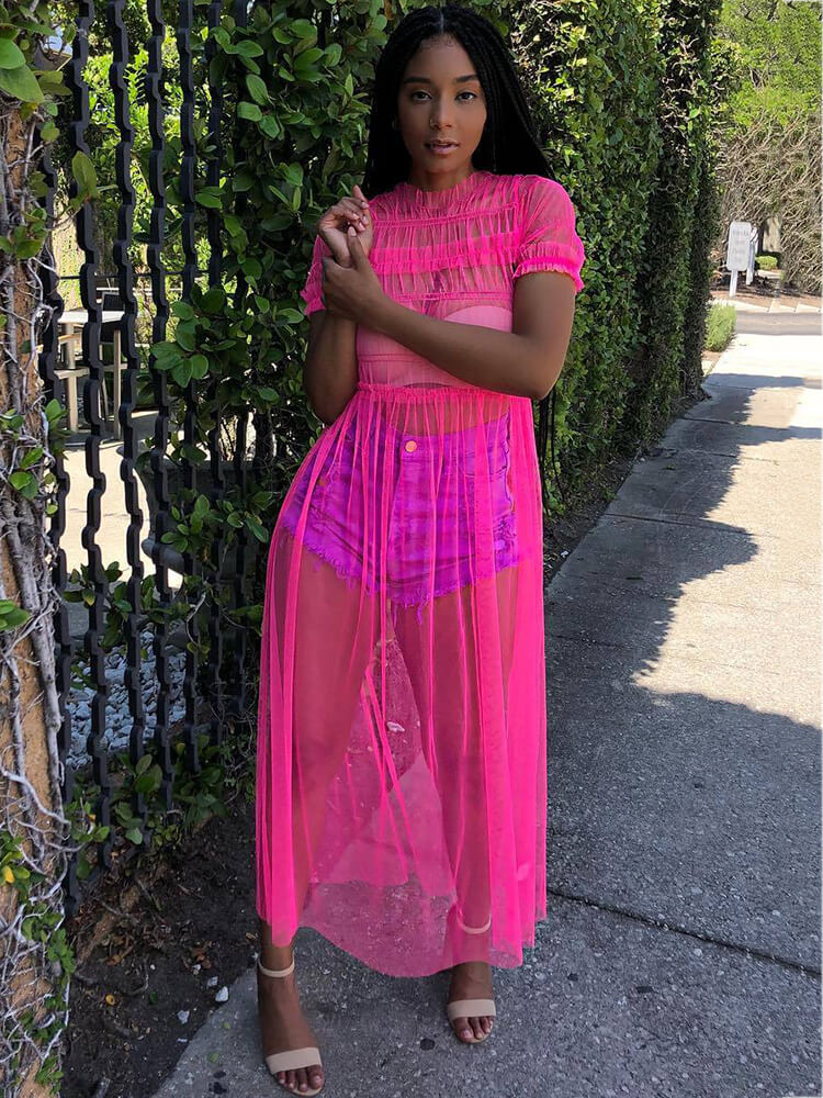 Solid Color Mesh Ruched Maxi Dress Cover Up