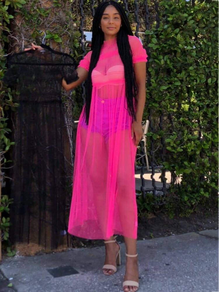 Solid Color Mesh Ruched Maxi Dress Cover Up