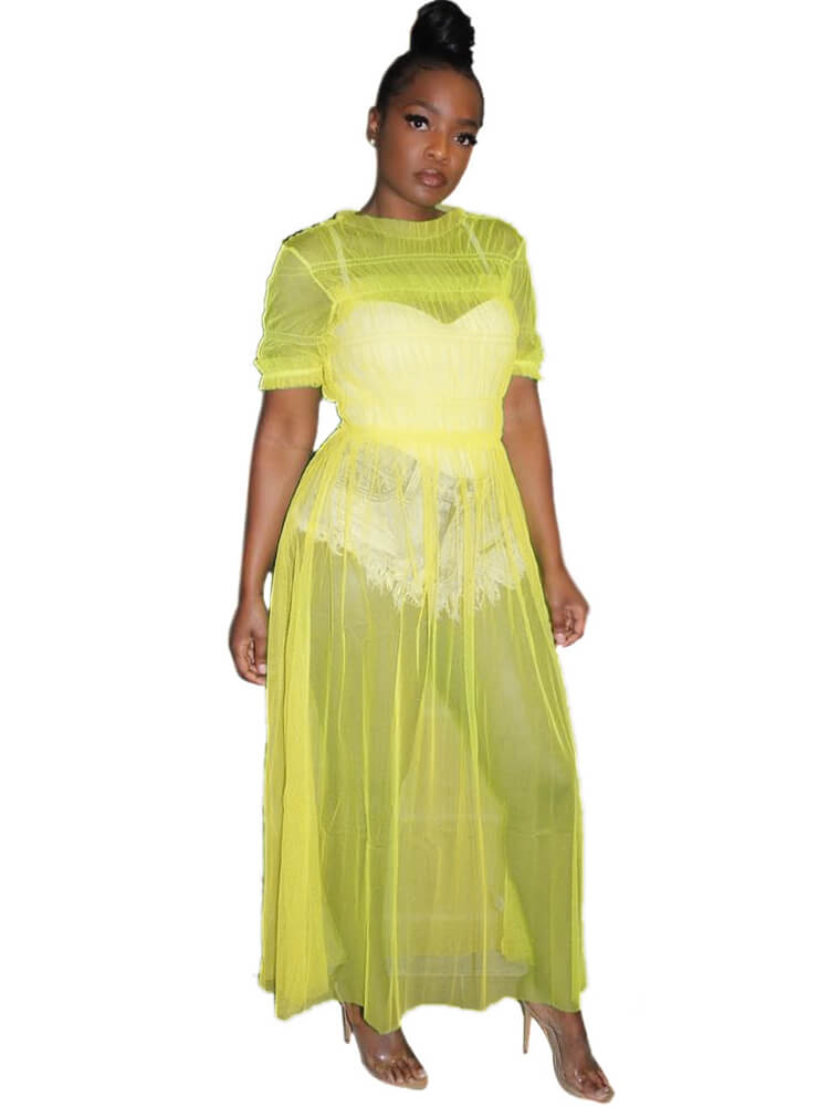 Solid Color Mesh Ruched Maxi Dress Cover Up