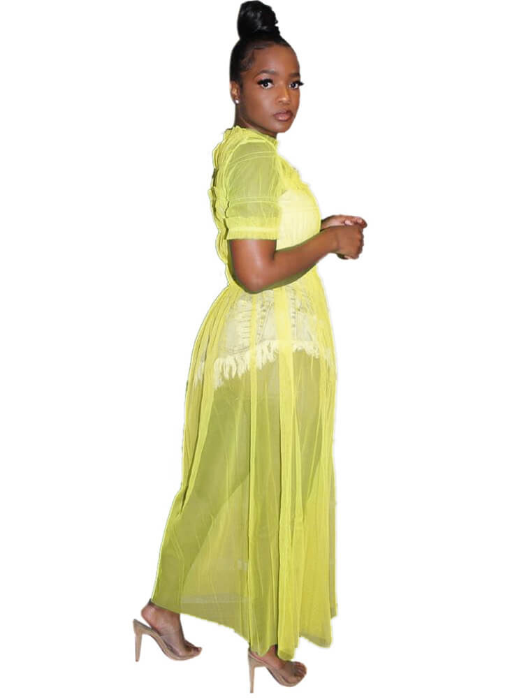 Solid Color Mesh Ruched Maxi Dress Cover Up