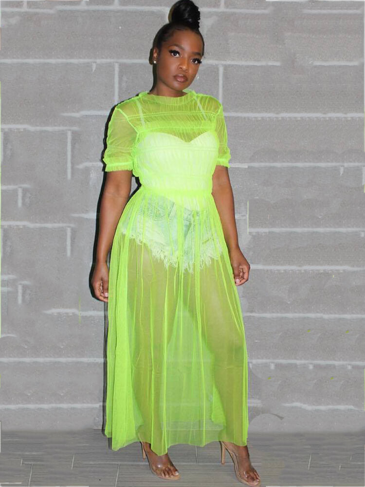 Solid Color Mesh Ruched Maxi Dress Cover Up