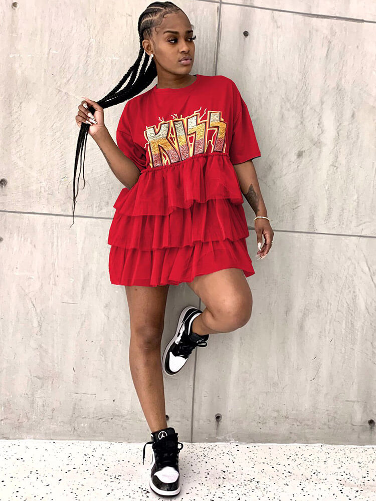 Letter Print Patchwork Tiered Layer Mesh T-shirt Dress