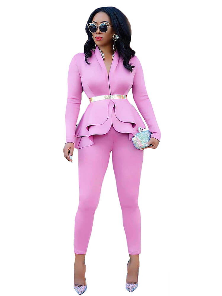 Two Piece Ruffled Blazer Pants Suit
