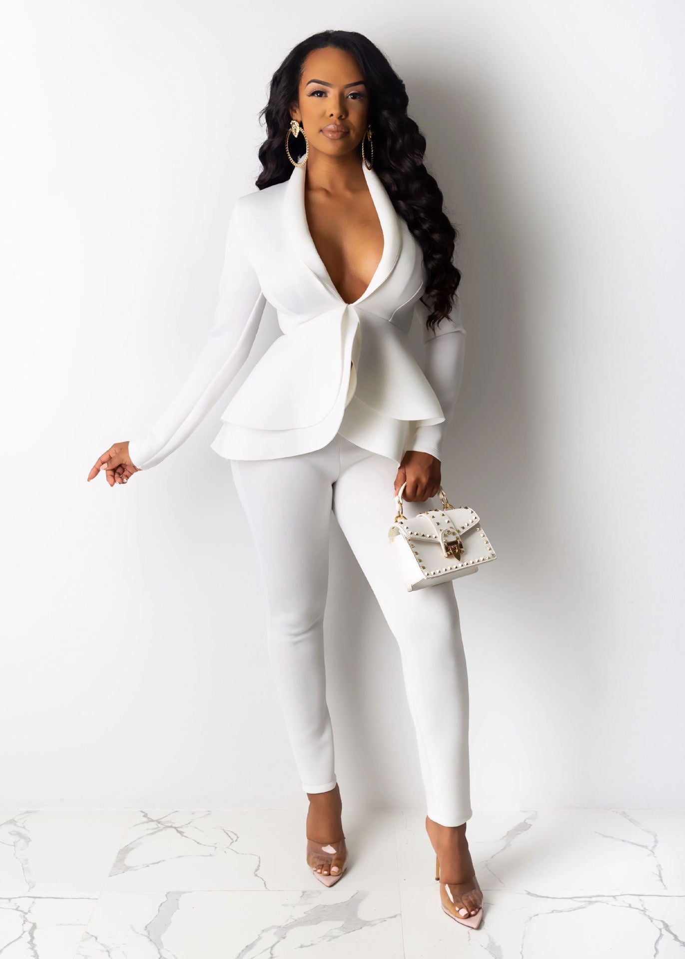 Two Piece Ruffled Blazer Pants Suit