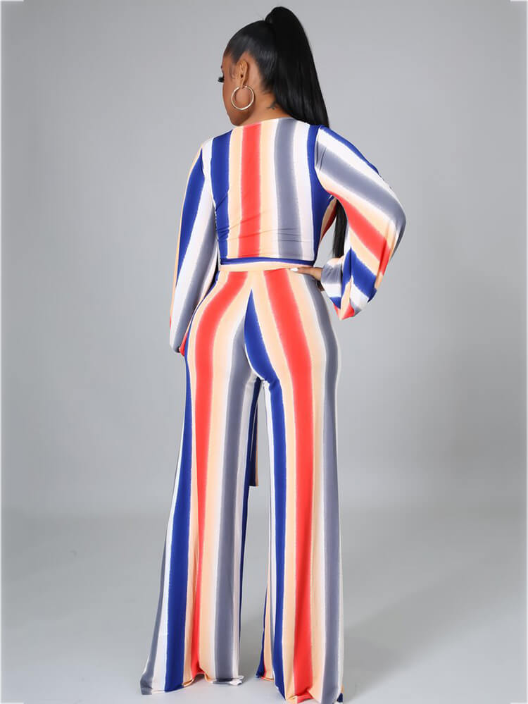 Long Sleeve Multicolor Stripe Wide Leg Jumpsuit with Belt
