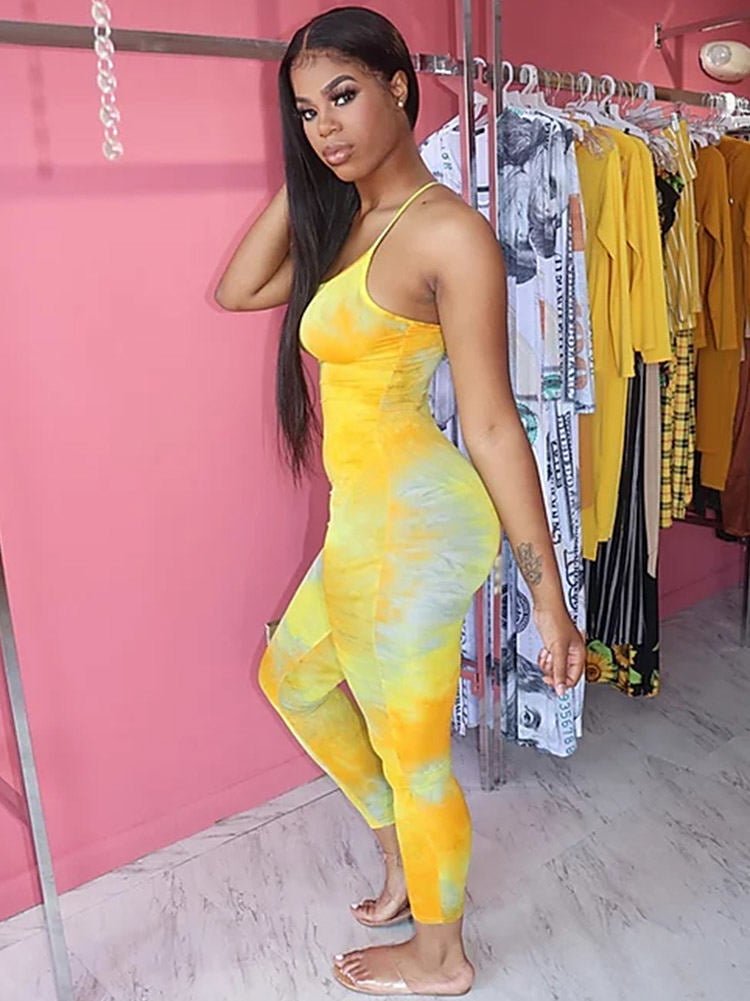 Spaghetti Strap Tie Dye Long Pants Jumpsuit