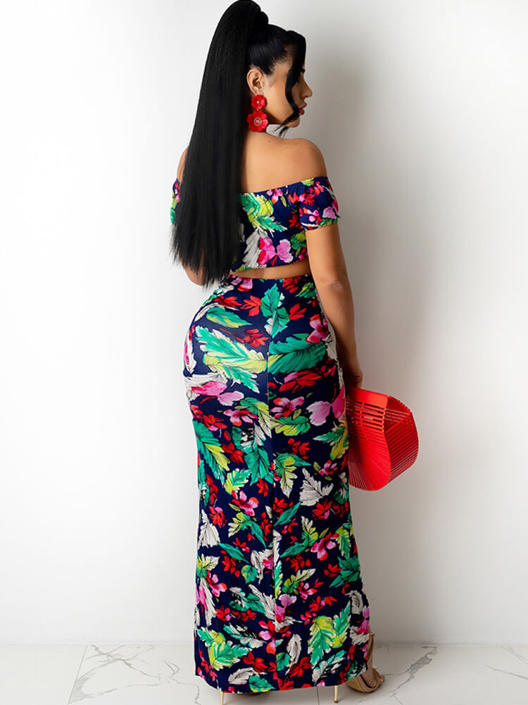 2 Piece Floral Off Shoulder Crop Top Skirt Set