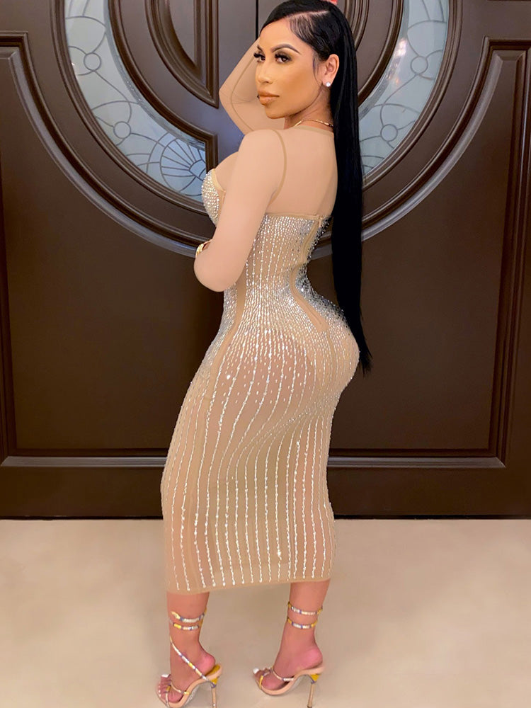 Plus Size Hot Drilling Mesh Long Sleeve Midi Dress